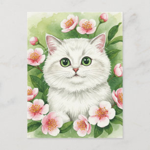 Cartão Postal Lindo Gato Branco  Coroa de Flores Postal Aquarela
