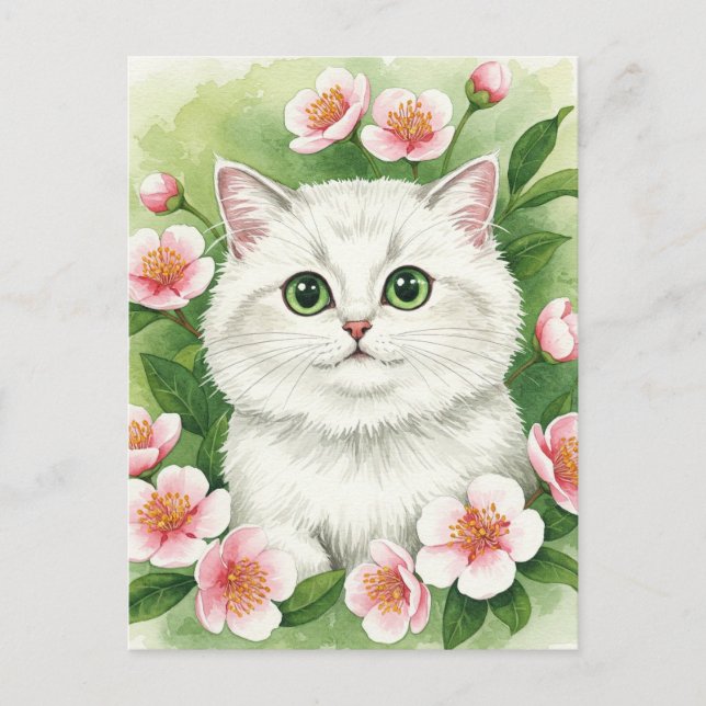 Cartão Postal Lindo Gato Branco  Coroa de Flores Postal Aquarela (Frente)