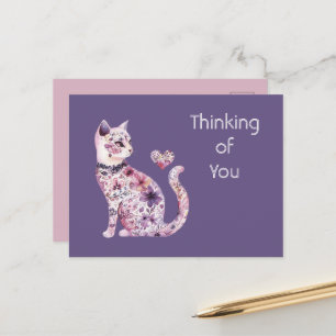Cartão Postal Lindo Gato Floral de Corações Rosas Roxas