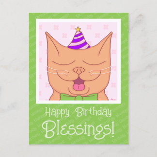 Cartão Postal Lindo Gato Laranja Com Chapéu de Aniversário Bênçã