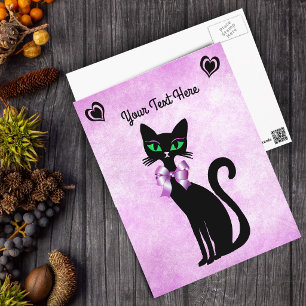 Cartão Postal Lindo Gato Preto Olhos Verdes Laço Corações em Ros