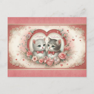 Cartão Postal Lindo Gato Vintage Dia dos Namorados Floral Rosa