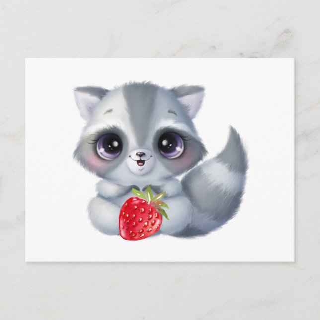 Cartão Postal Lindo guaxinim de bebê em aquarela com fruta moran (Frente)