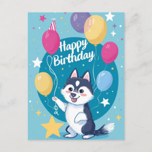Cartão Postal Lindo Husky Feliz Aniversário 
