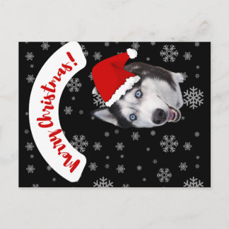 Cartão Postal lindo Husky sorridente de Santa com chapéu vermelh