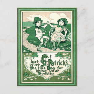 Cartão Postal Lindo Leprechaun de Trevo Dançando Crianças