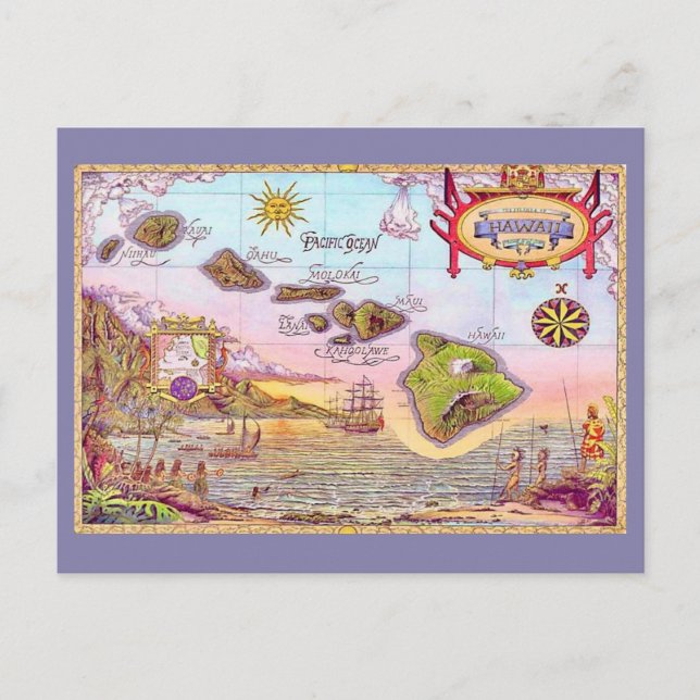 Cartão Postal Lindo Mapa Postal das Ilhas Havaianas (Frente)