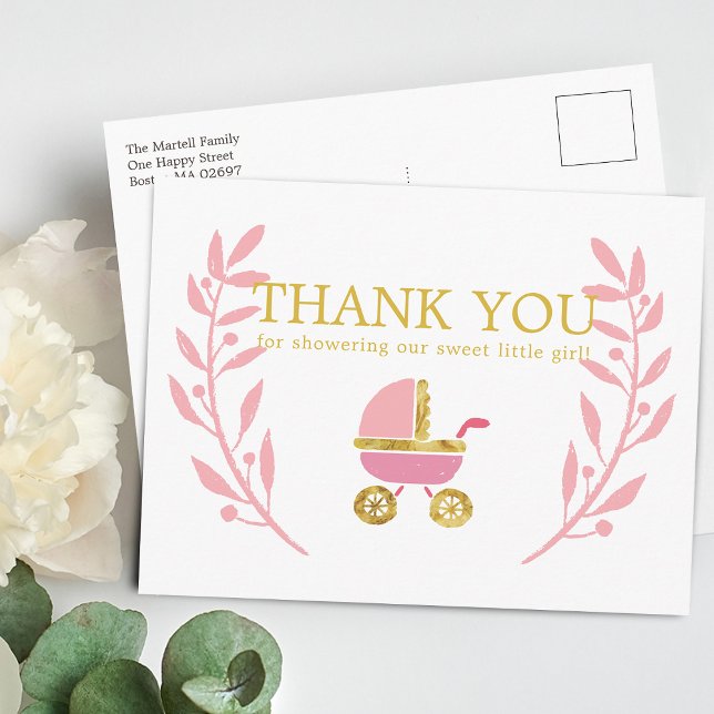 Cartão Postal Lindo Obrigado Carruagem de Bebê Rosa Dourado Chás (Sweet Pink Gold Carriage Baby Shower Thank You Postcard)