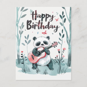 Cartão Postal Lindo Panda em aquarela tocando violão de aniversá