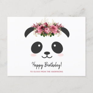 Cartão Postal Lindo panda Feliz Aniversário floral rosa personal