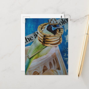 Cartão Postal Lindo pássaro com jóias e arquitetura surreal