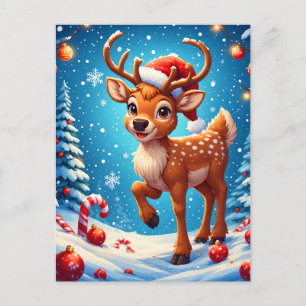 Cartão Postal Lindo Pequeno Rena Natal Chapéu de Papai Noel Inve