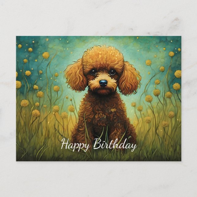 Cartão Postal Lindo Poodle Flor Prado Feliz Aniversário (Frente)