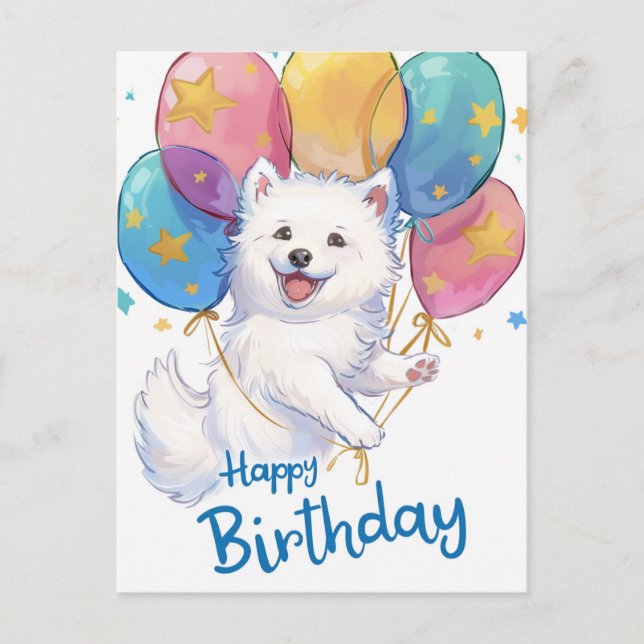 Cartão Postal Lindo Samoyed Feliz Aniversário (Frente)