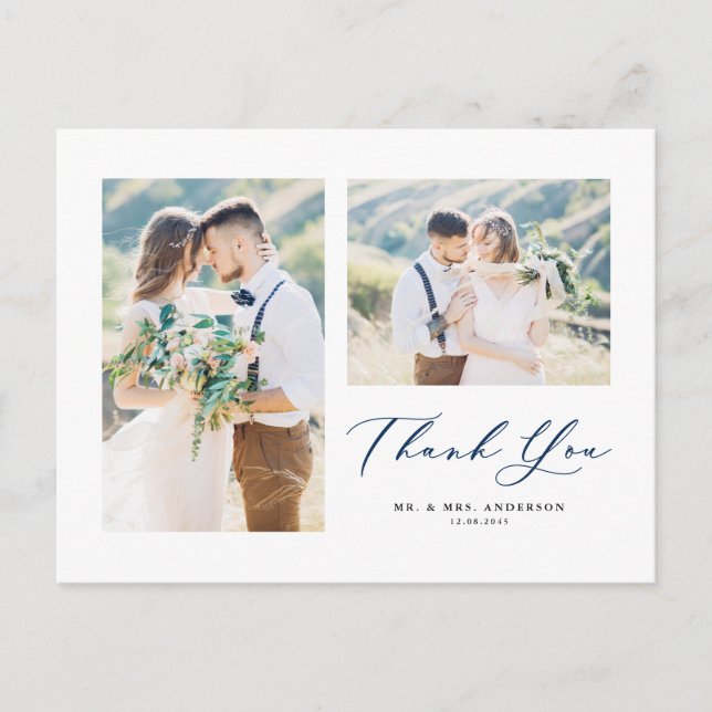 Cartão Postal Lindo Script Azul Dois Agradecimento de Colagem de (Frente)