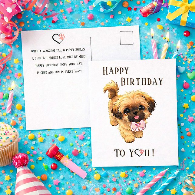 Cartão Postal Lindo Shih Tzu Feliz Aniversário Cachorrinho Cartã (Happy Birthday Shihtzu Postcard )