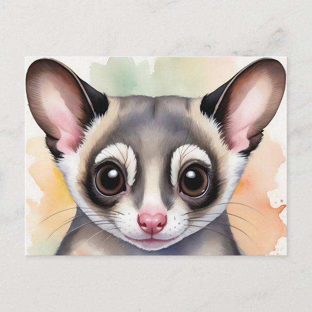 Cartão Postal Lindo Sugar Glider em Aquarela Sonhadora (Frente)