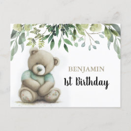 Cartão Postal Lindo Urso de Pelúcia Aquarela Aniversário Folhas 