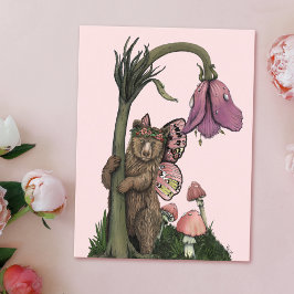 Cartão Postal Lindo Urso Pardo Rosa Fada na Floresta de Madeira