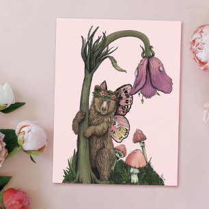 Cartão Postal Lindo Urso Pardo Rosa Fada na Floresta de Madeira