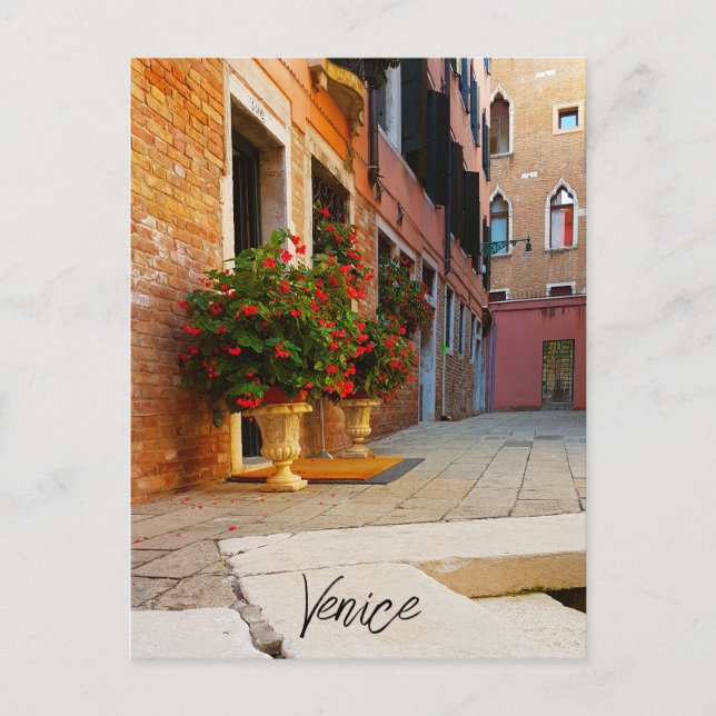 Cartão Postal Lindos canais de Flores Vermelhas de Veneza Itália (Frente)