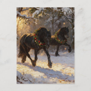 Cartão Postal Lindos Cavalos Pretos Floresta de Inverno Natal