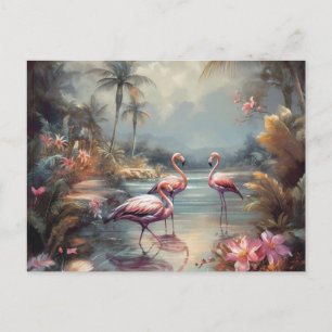 Cartão Postal lindos flamingos de pintura botânica de vintagem