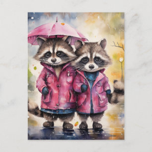Cartão Postal Lindos Guaxinins na Chuva