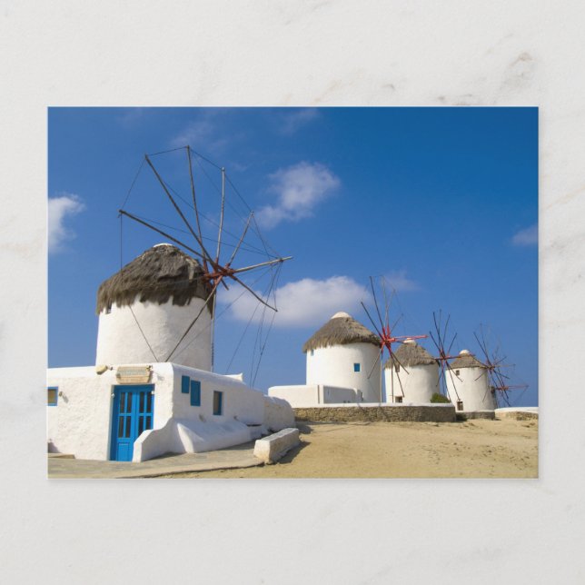 Cartão Postal Lindos moinhos de vento na ilha de Mykonos, (Frente)