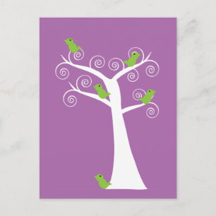 Cartão Postal Lindos Pássaros Verde Lima Caprichosos Árvore Roxo