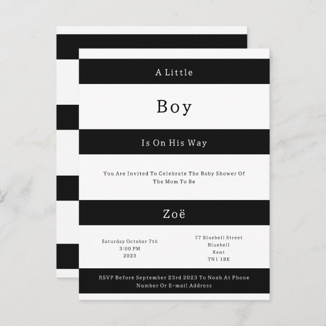 Cartão Postal Linear Chic Black And White Stripes Baby Invite Br (Frente/Verso)