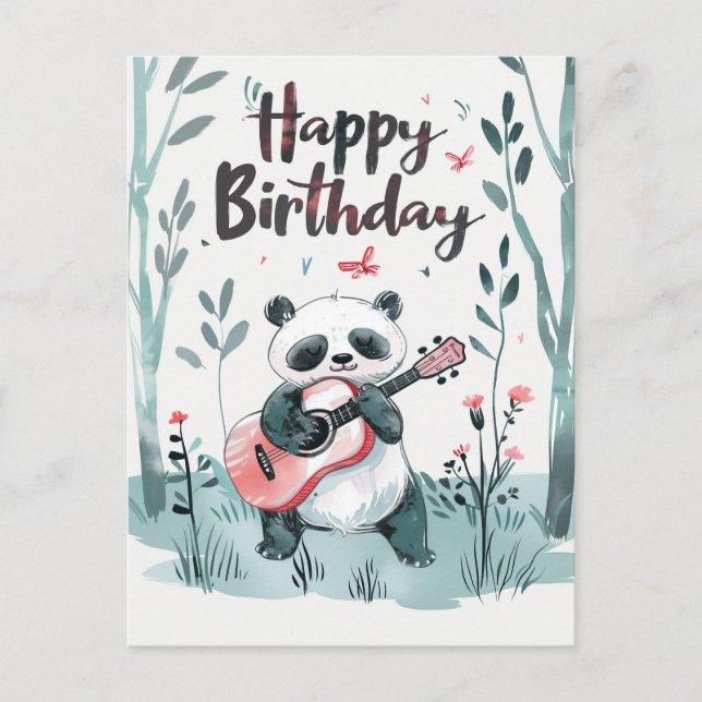 Cartão Postal Lingueta branca Panda tocando guitarra Aniversário (Frente)