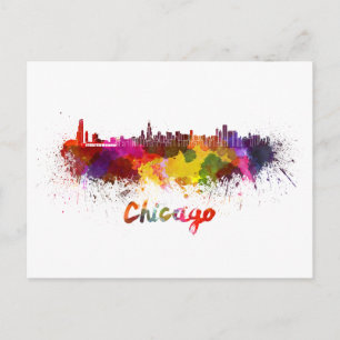 Cartão Postal Linha do horizonte de Chicago com aquarela