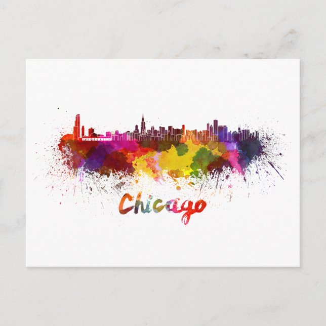 Cartão Postal Linha do horizonte de Chicago com aquarela (Frente)