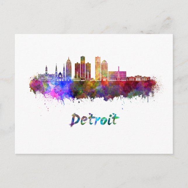 Cartão Postal Linha do horizonte de Detroit em aquarela (Frente)