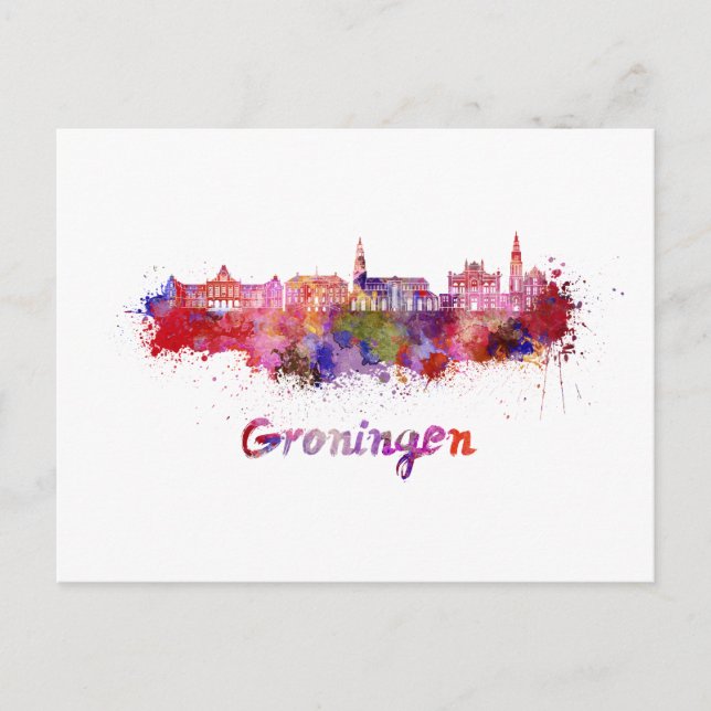 Cartão Postal Linha do horizonte de Groningen em aquarela (Frente)