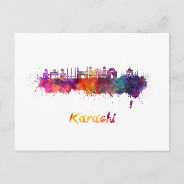 Cartão Postal Linha do horizonte de Karachi em aquarela (Frente)