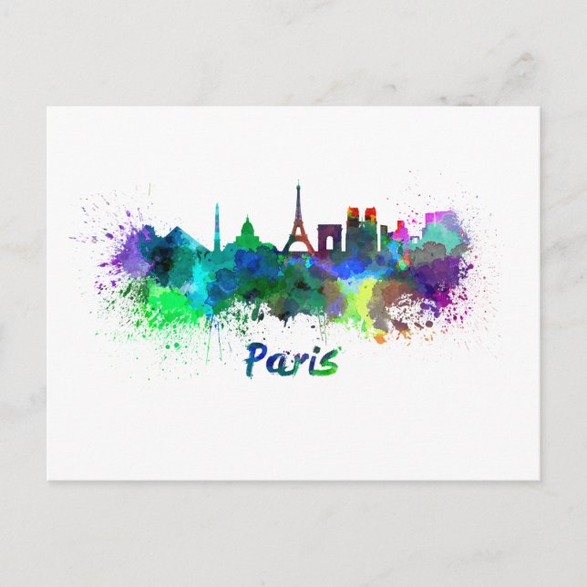 Cartão Postal Linha do horizonte de Paris em aquarela (Frente)