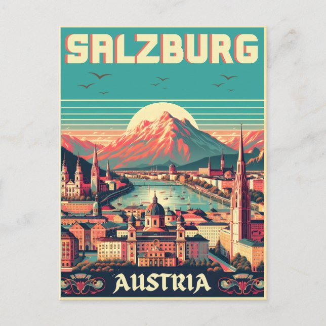 Cartão Postal Linha do horizonte de Retro Áustria Capital Salzbu (Frente)