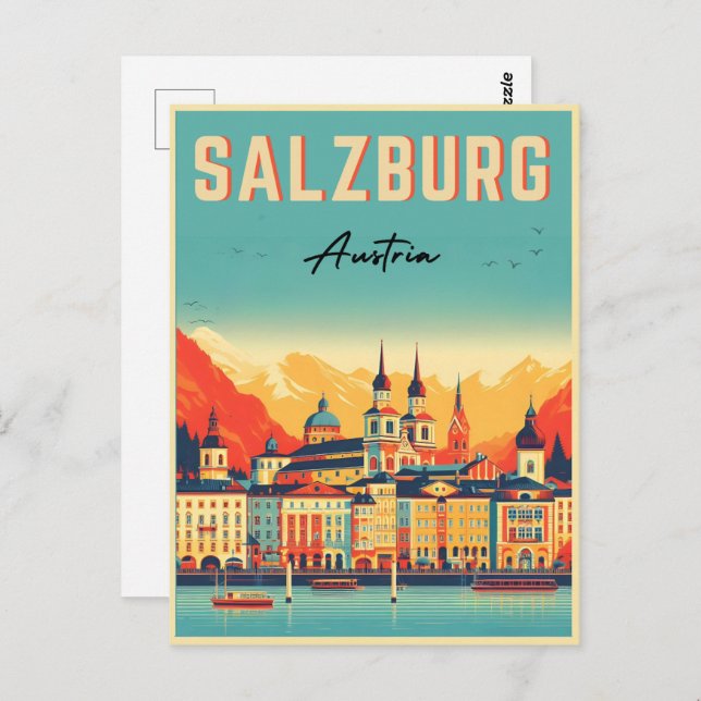 Cartão Postal Linha do horizonte de Retro Áustria Capital Salzbu (Frente/Verso)