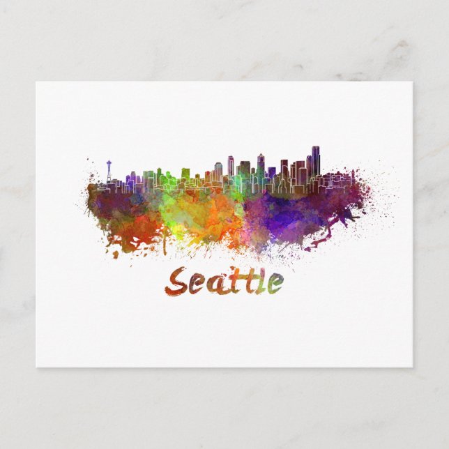 Cartão Postal Linha do horizonte de Seattle em aquarela (Frente)