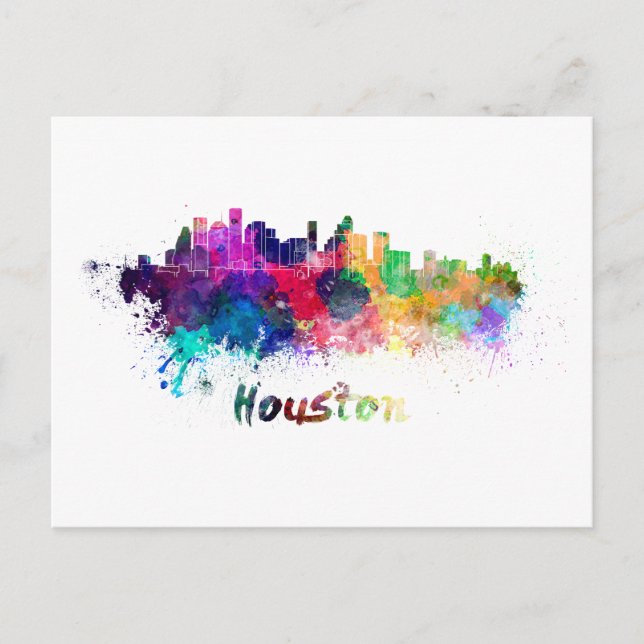 Cartão Postal Linha do horizonte Houston em aquarela (Frente)