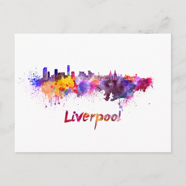 Cartão Postal Linha do horizonte Liverpool em aquarela (Frente)