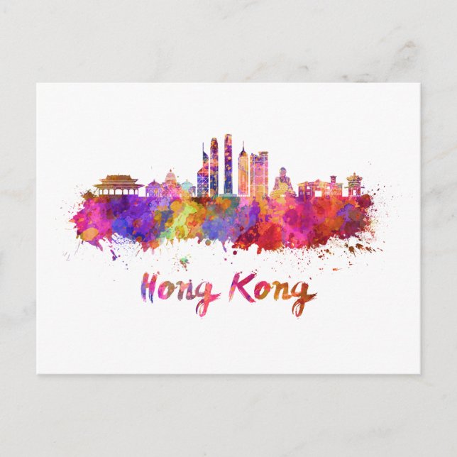Cartão Postal Linha do horizonte V2 de Hong Kong em aquarela (Frente)