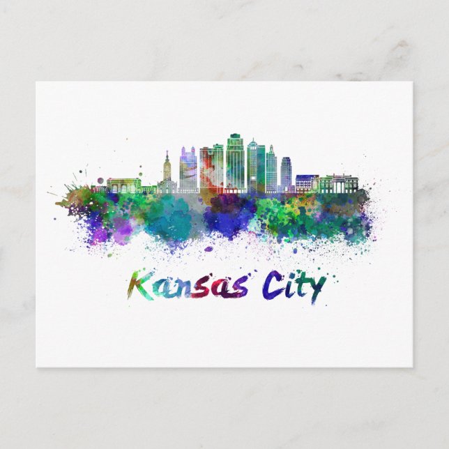 Cartão Postal Linha do horizonte V2 de Kansas City em aquarela (Frente)
