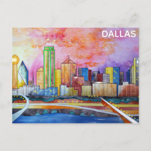 Cartão Postal Linha Skyline da cidade de Dallas Texas Watercolor