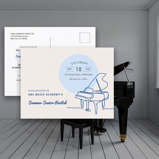 Cartão Postal Linhas Desenho Grande Piano Considerando Salvar a  (Line Drawing Grand Piano Recital Save the Date Postcard)