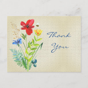 Cartão Postal Linho com Buquê de Flores Pintadas Obrigado