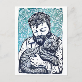 Cartão Postal Linocut Bearded Man segurando um gato