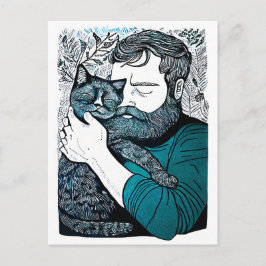 Cartão Postal Linocut Bearded Man segurando um gato